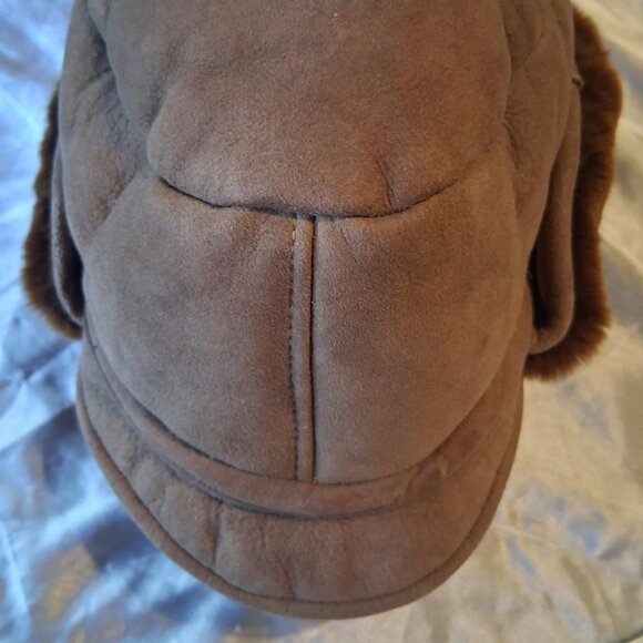 Vintage Tan Suede Sherpa Lined Hat with Faux Fur Ear Flaps - Picture 1 of 6